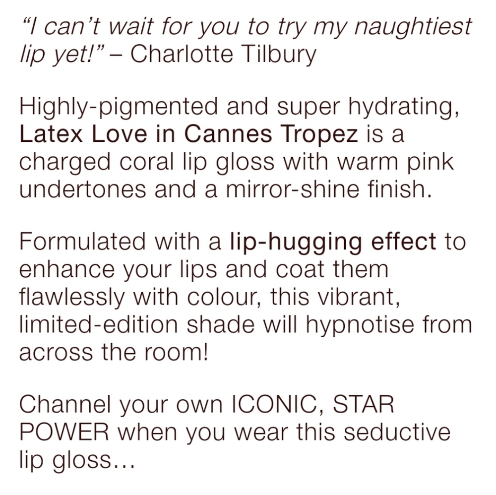 Charlotte Tilbury Latex Love Lip Gloss Cannes Tropez NEW - Picture 7 of 10